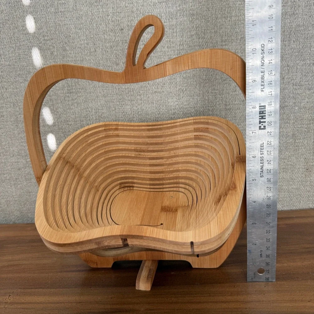 Farmhouse Bamboo Apple Shaped Collapsible Fruit Basket Wood Folding Bowl‎ Trivet